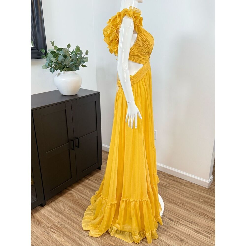 Mac Duggal Womens Chiffon Ruffle Sleeve V Neck A-Line Gown Marigold Size 10 - Picture 9 of 14